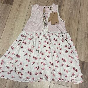 POL NWT S Pink White FAUX SUEDE TOP Baby doll Floral Dress